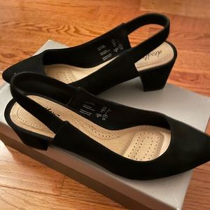 Black suede slingback low heels